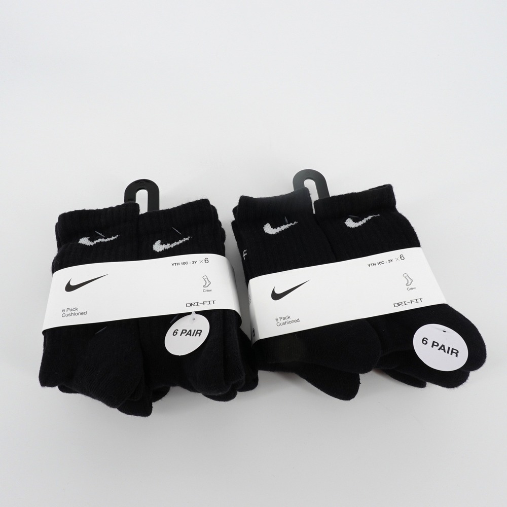 Nike Kids Two 6 Packs Dri-FIT Everyday Cushioned Crew Socks Black XS NEW